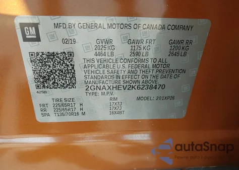 2019 Chevrolet Equinox Ls из США, поврежденный, VIN 2GNAXHEV2K6238470